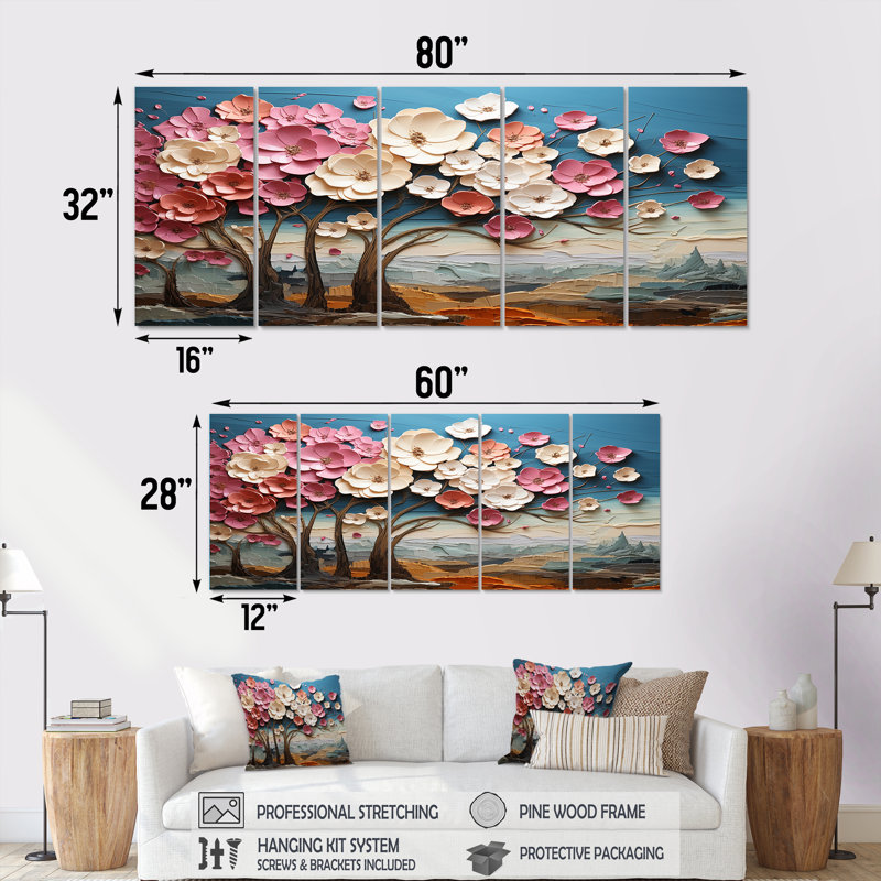 Arbre blanc dynamique 5 pétales roses et roses - art mural 5 pièces pour le salon, H 32 po x l 80 po