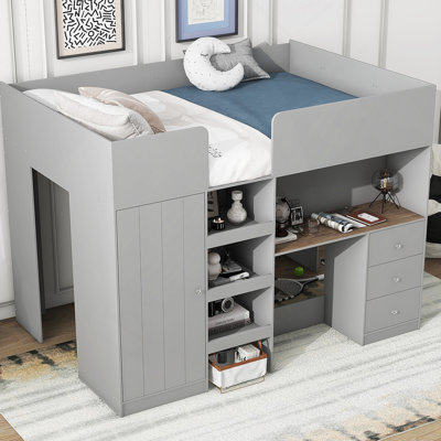Wood   Loft Bed With Built-In Wardrobedeskstorage Shelves And Drawers
