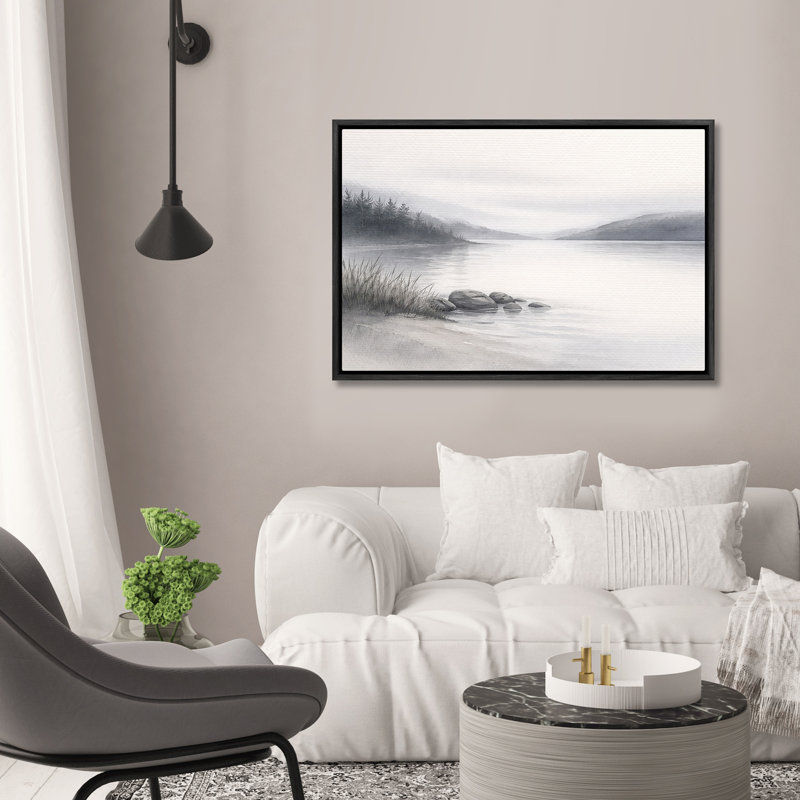 «Quiet Lakeside Shore with Misty Hills and Soft Reflections», art mural encadré, Noir, H 24 po x l 36 po