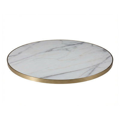 24" Round ,White Marble Sintered Stone Table Top with Dark Grey Veining and Bronze Aluminum Alloy Edge, Indoor/Outdoor Use