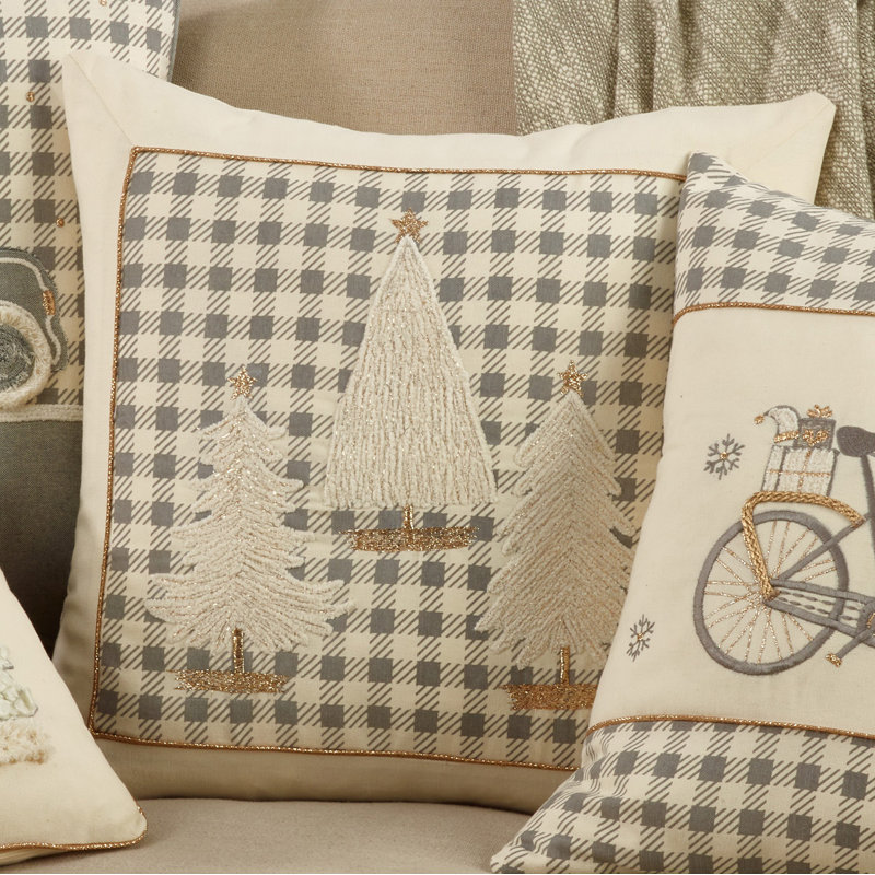 Gray Plaid Christmas Trees Cotton Pillow Cover 18"