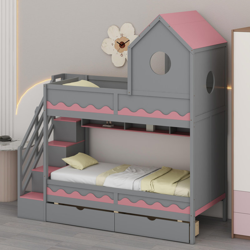 Creative Loft Bed Combining House Play Area, Drawer Storage, Staircase, And Soft LED Lighting, Gray