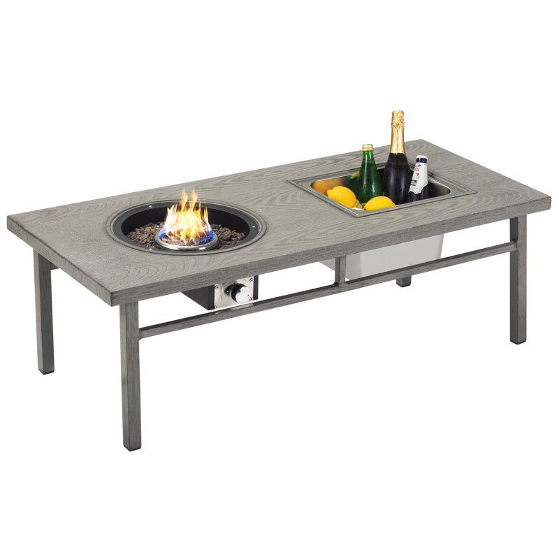 Kirtsey 47" Aluminum Coffee Table with Propane Fire Pit and Ice Bucket, Tan