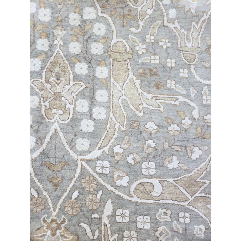 Tapis noué à la main gris et bleu unique de 9 pi 11 po x 14 pi 1 po
