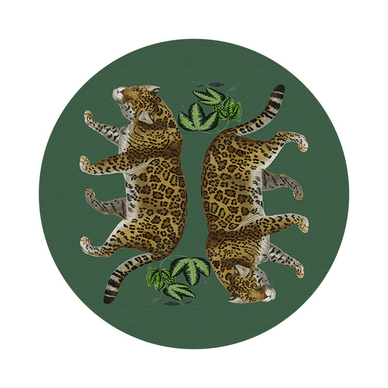 Leopard Seeing Double Vegan Leather Round Coasters, Evergreen