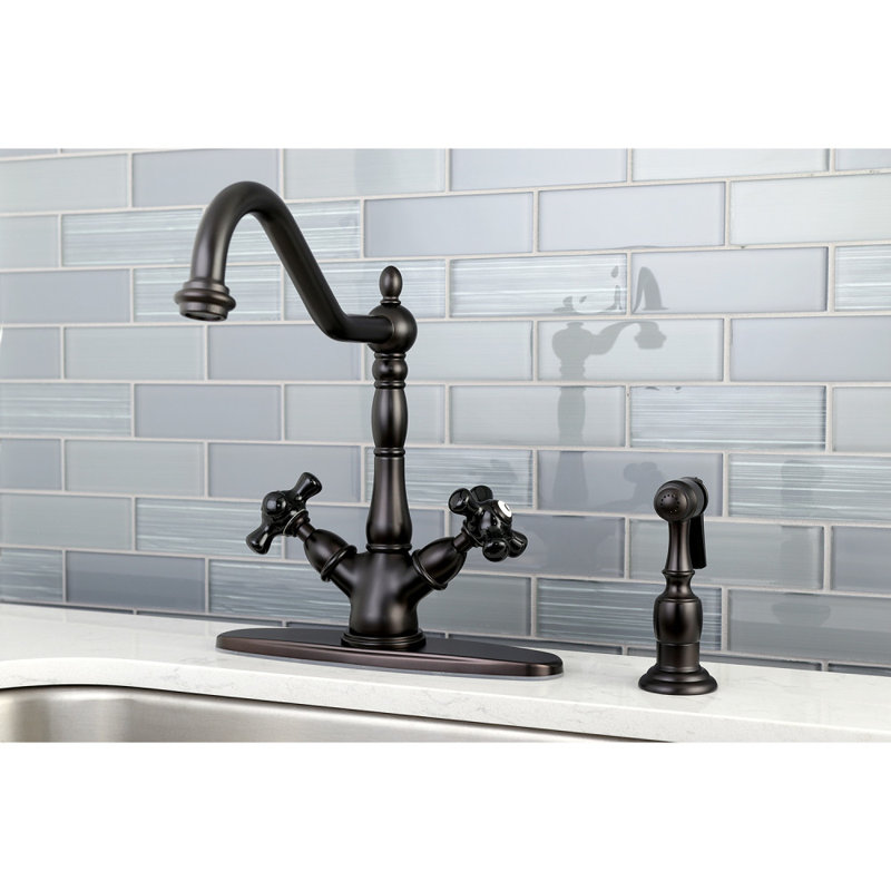 Kingston Brass Duchess Two-Handle 2-or-4 Hole Deck Mount Kitchen Faucet with Brass Sprayer, Oil Rubbed Bronze