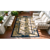 Antique Peking Small Scatter Size Wool Blue Navy, Ivory Beige Cream White Rug