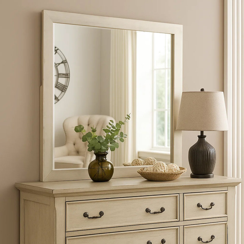 Hyao Dresser Mirror, White Wash Veneer, 38 Inch Square Frame