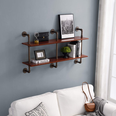 31.5" H x 14.75" W x 11.3" D Industrial Pipe Wall Mount Shelves with Wood 2-Tiers