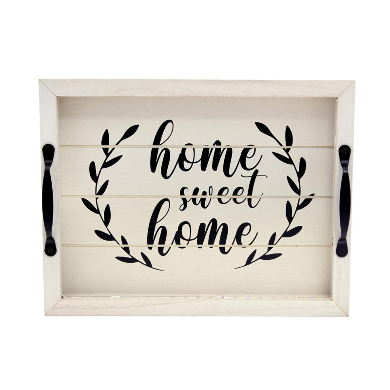 Plateau de service 16 po en bois blanc et noir Home Sweet Home avec poignées et lumières DEL