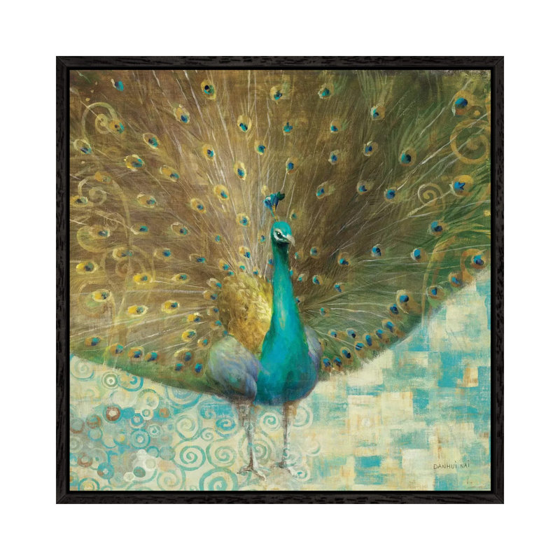 Teal Peacock On Gold by Danhui Nai - Painting on Canvas, Black Framed, 66.04 cm H x 66.04 cm W