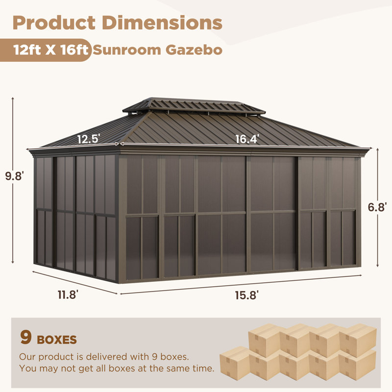 16 ft. W x 12 ft. D Outdoor Hardtop Sunroom Gazebo – Fully Enclosed Aluminum Solarium with Sliding Doors, Slideable PE Screen Windows,  All-Season Pergola with Galvanized Steel Double Roof for Patio, Deck & Hot Tub
