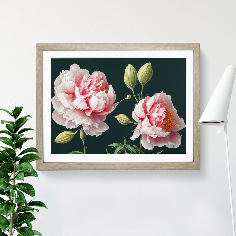 Fascinating Peony Flowers - Single Picture Frame Print, 25cm H x 34cm W x 2cm D, Oak Framed