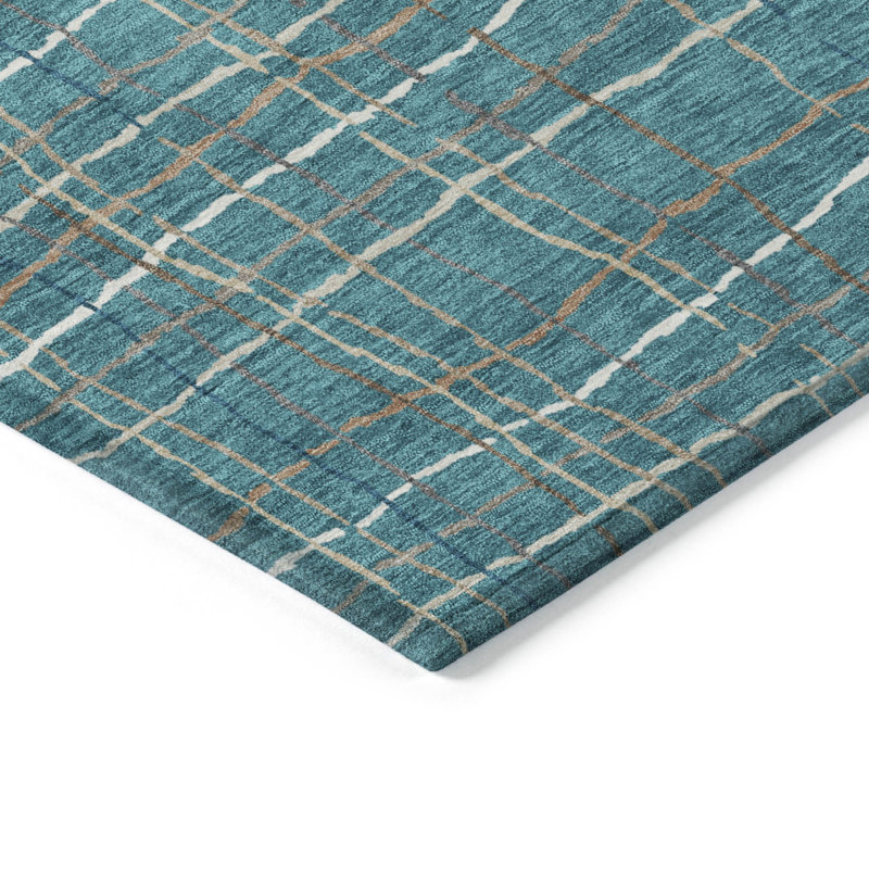 3' X 5' Teal Blue Gray And Brown Striped Washable Indoor Outdoor Area Rug