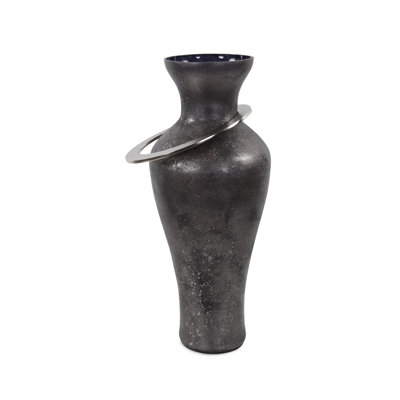 Black Ore Glass Vase with metal accent- Medium