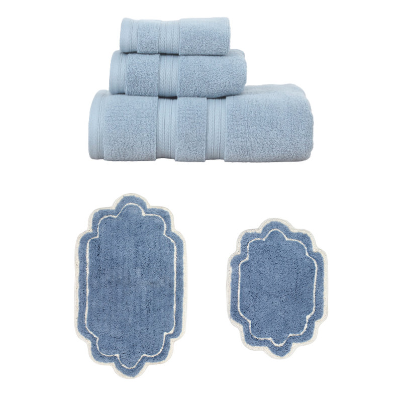Talbert Collection 100% Soft Cotton 3 PC Towel Set & 2 PC Bath Rug Set, (Set of 5), Blue