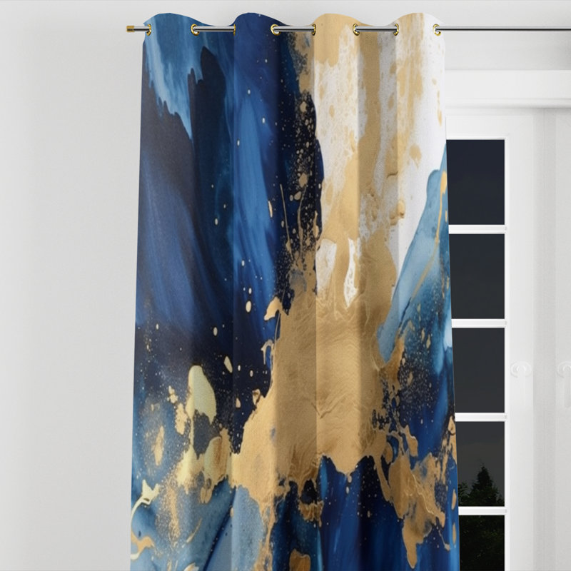 Dark Blue and Gold Strokes VIII - Modern Velvet Grommet Curtain - Room Darkening - 1 panel, 52" W x 95" L, Golden Grommets