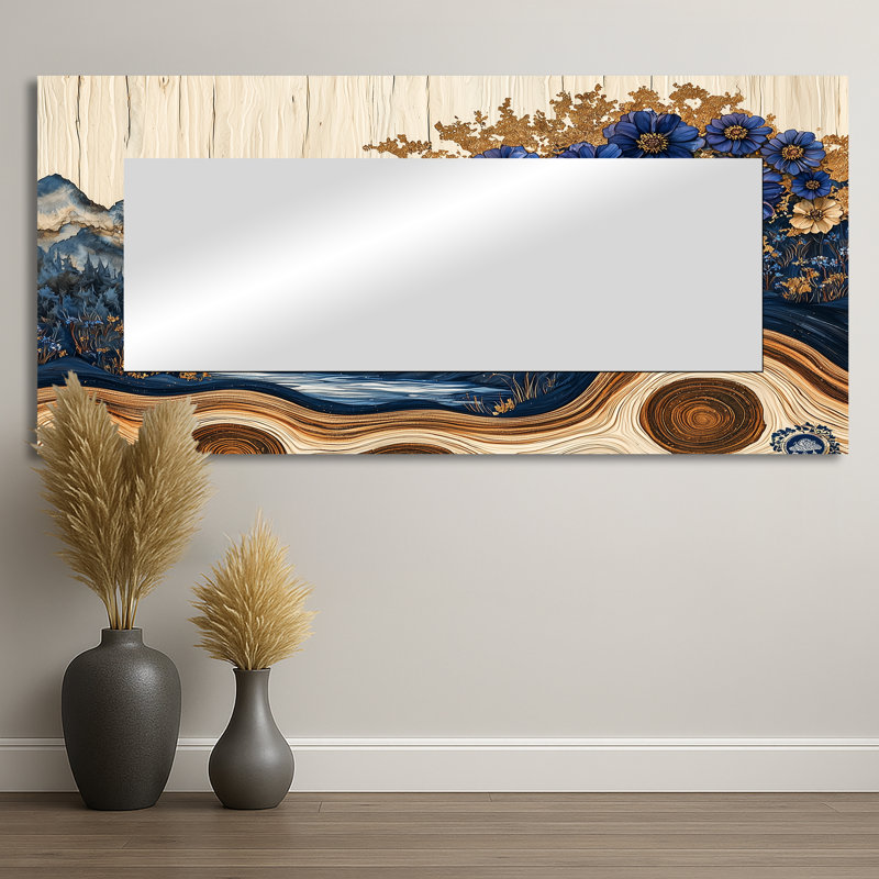 Aqua Cornflowers In Forest River Landscape II - Floral Wall Mirror Art - Printed On Metal, 28" x 60"