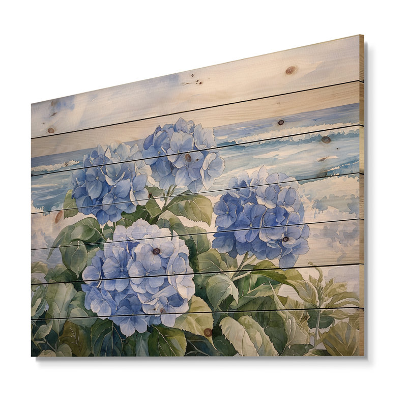 Hortensias dans le jardin côtier II - impression d'hortensias sur bois de pin naturel, H 10 po x l 20 po