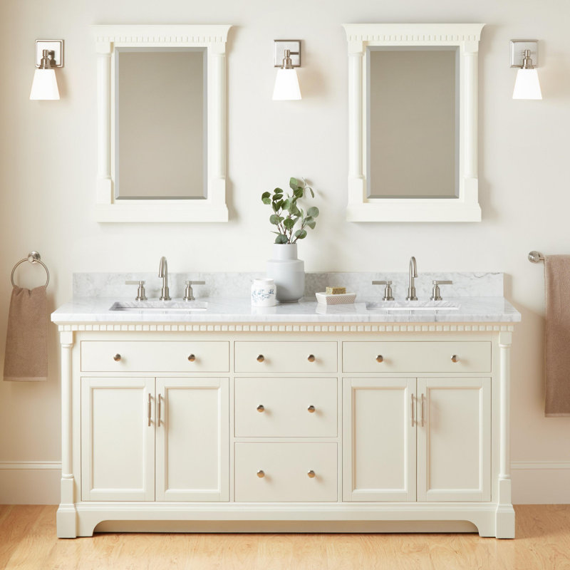 Claudia 72" Freestanding Mahogany Double Basin Vanity Set with Cabinet, Vanity Top, Carrara Marble, White, 8" Widespread