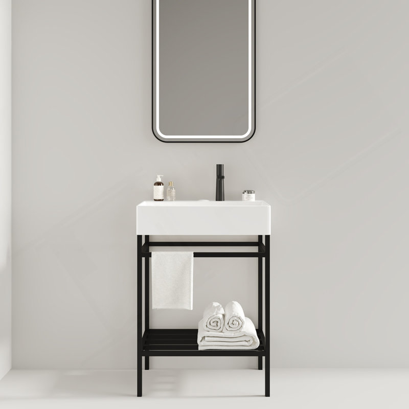 Meuble-lavabo 24 po avec lavabo en céramique, ensemble de lavabo console sur pied, lavabo rectangulaire en céramique blanc brillant sans robinet, pieds en métal ouverts, tablettes de rangement, couleur noire