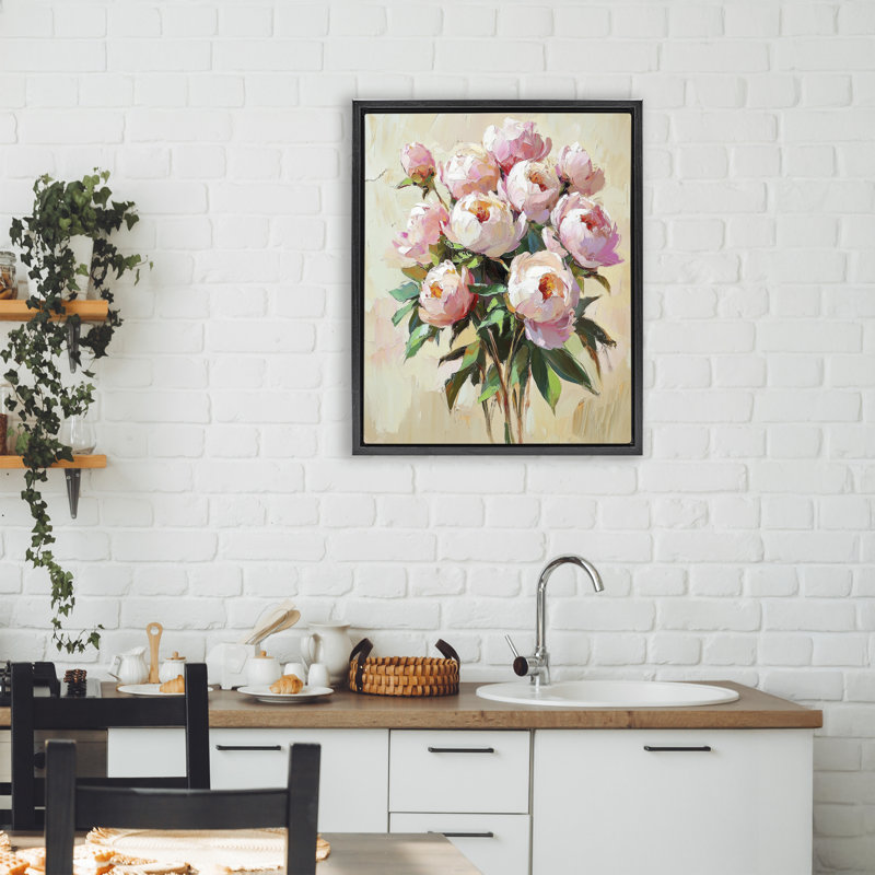 Cadre flottant avec pivoines Sunshine, design par Petal Prints Design, Cadre flottant noir de jais, H 21 po x l 17 po