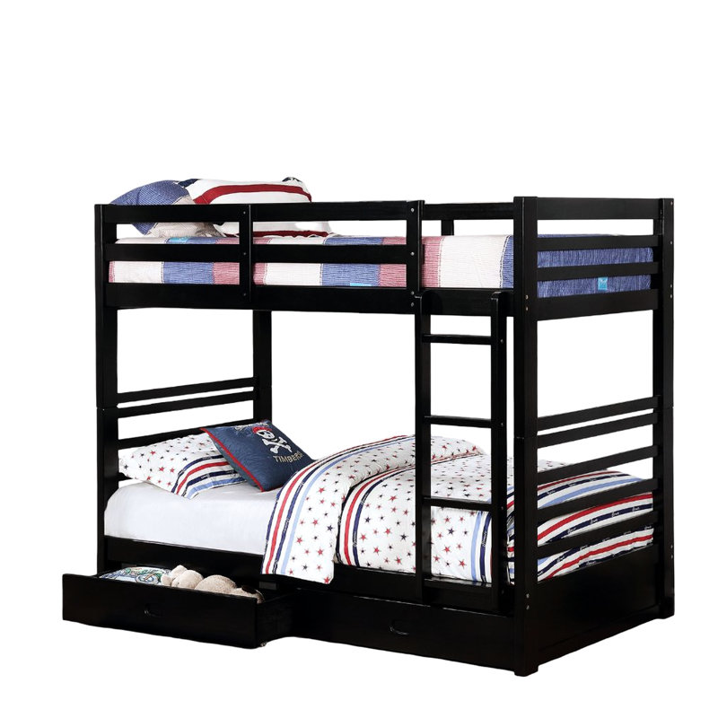 Lit simple superposé transitionnel avec finition noire, attaché, deux tiroirs, bois massif et 10 pièces Lattes pour chambre à coucher classique en design, décoration