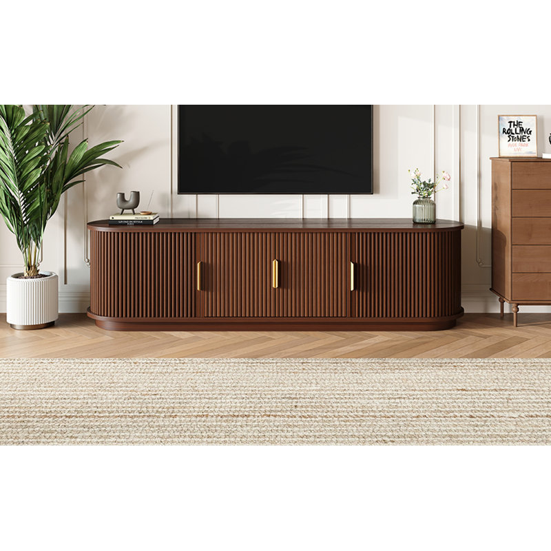 Farmhouse Wooden TV Stand With Sliding Tambour Door For Tvs Up To 75", Fluted Media Console With Adjustable Storage, Golden Handle TV Cabinet With Cable Holes For Living Room