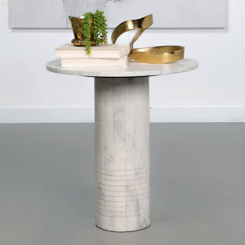 Table de bout ronde en marbre véritable, blanc