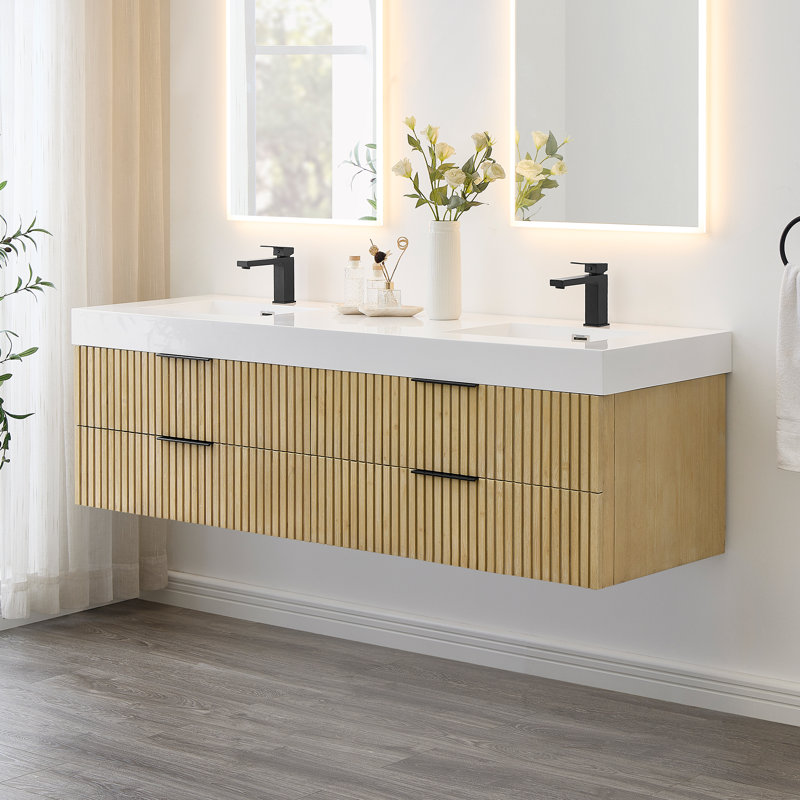 Livia 72" Wall-mounted Double Bathroom Vanity with White Artificial Drop-in Sink without Mirror