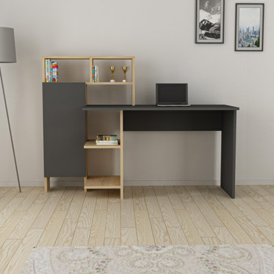 Bureau d'étude moderne avec plusieurs tablettes, finition anthracite et chêne, 53,5 po x 43,9 po x 23,6 po | 100% panneau de particules enduit de mélamine, épaisseur: 0,71 pouce | Conception murale, parfaite pour les bureaux à domicile et les espaces d'étude