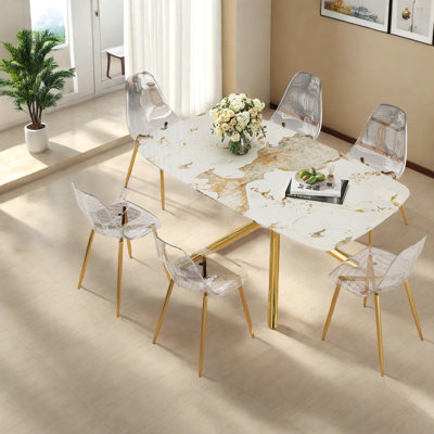 Luxueux ensembles de table de salle à manger en verre à motif de marbre avec pieds dorés pour la maison