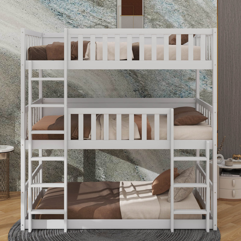 Lit superposé simple en bois d'hévéa triple avec échelles et barrières de sécurité, Blanc