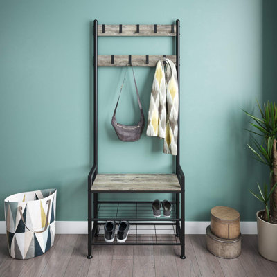 Portemanteau industriel polyvalent avec portemanteau rustique avec crochets réglables et rangement pour chaussures - Design fonctionnel