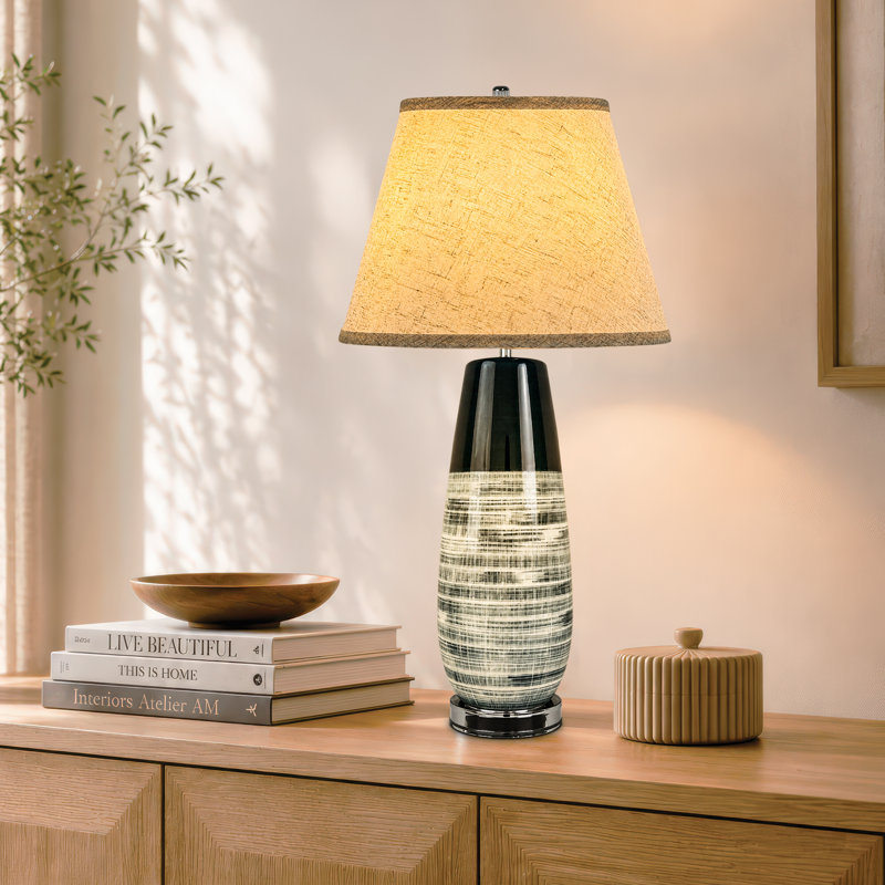 Lampe de table 26 po en céramique verte et noire moderne avec abat-jour en lin blanc, pour salon, chambre à coucher et table de chevet