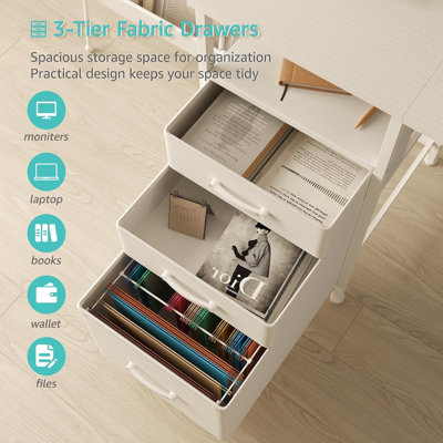 White Computer Desk With File Drawers Cabinet, Writing Study Gaming Desks With Monitor Stand Shelves For Home Office