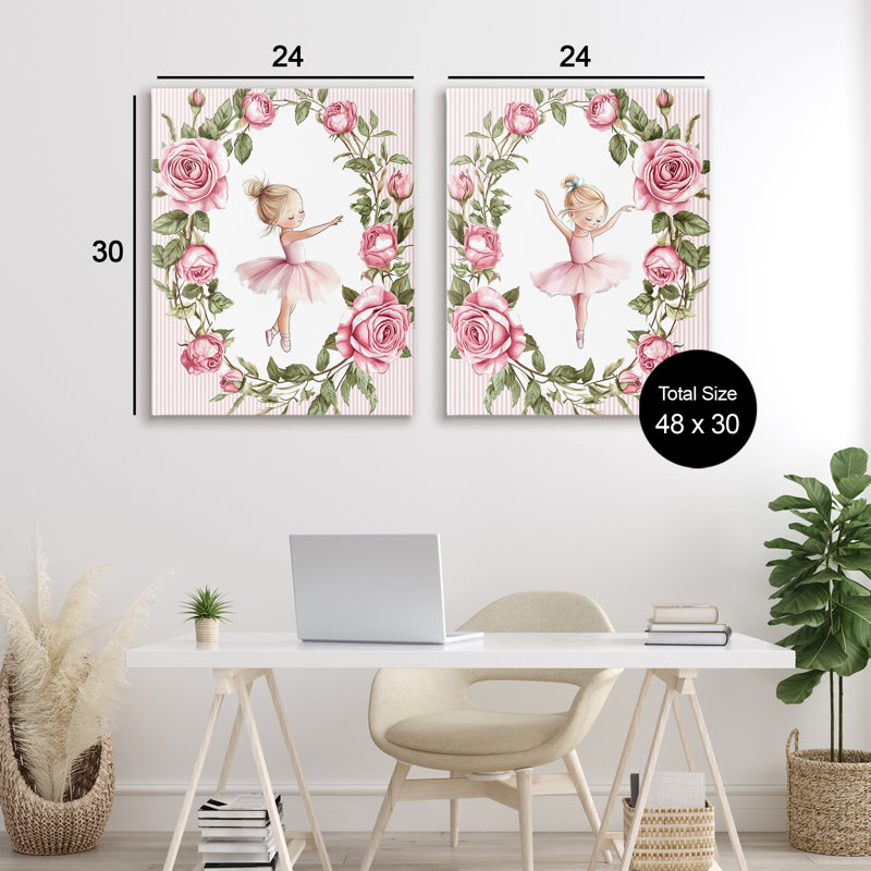 «Little Rose Dancers», ensemble de 2 pièces sur toile, design par Christine Simpson Art, H 30 po x l 24 po