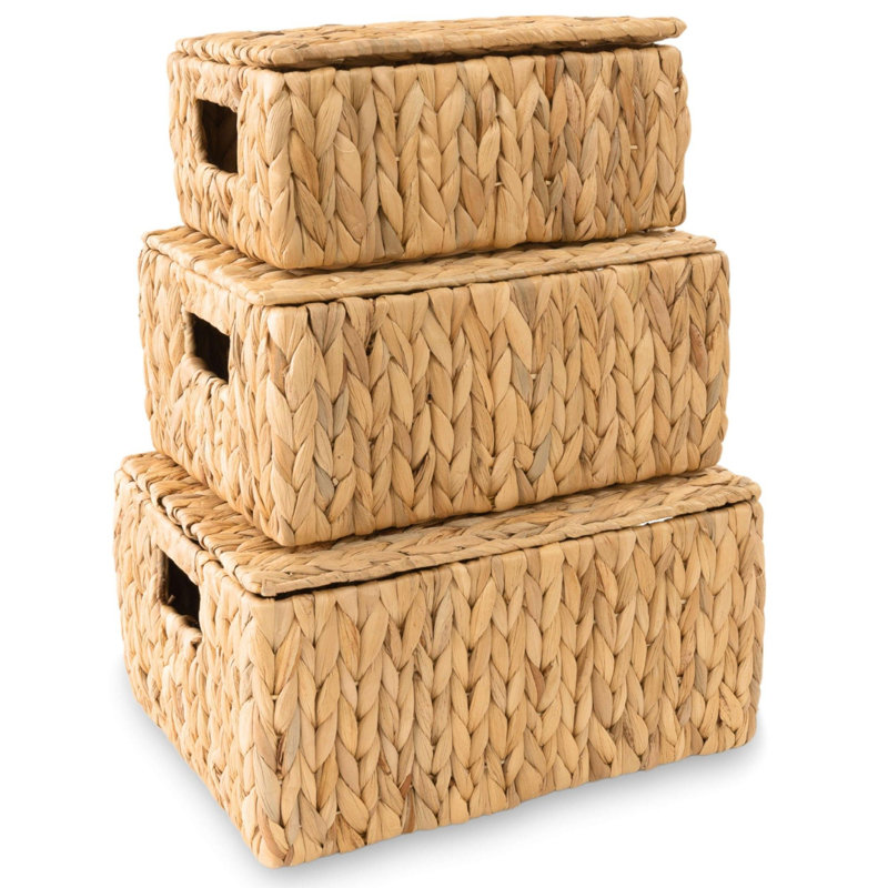 Rustic Rectangular Wicker Storage Basket Set With Lids