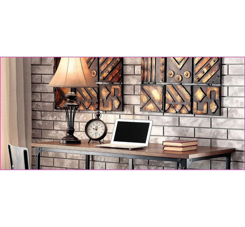 Bureaux | Bureau d'écriture de 48 po de largeur avec plateau en bois reproduit, tablettes grillagées et amp; Roulettes | Métal noir antique