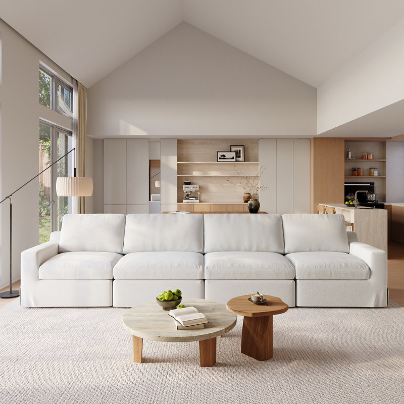 4 Piece Upholstered Slipcovered Linen Sectional Sofa, Beige Linen