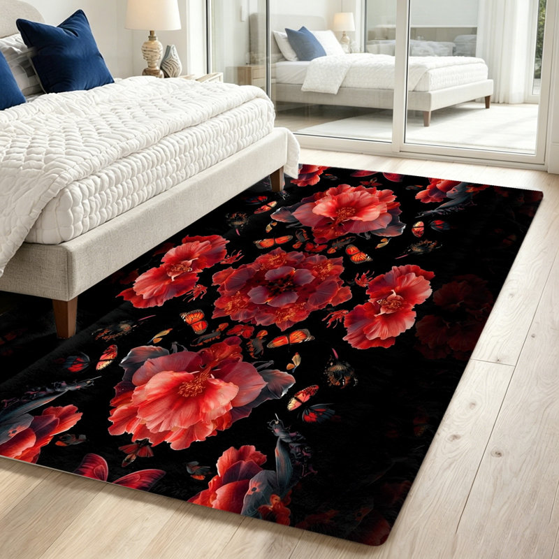 Stunning Floral Butterfly Print Area Rug, Soft & Comfortable Indoor Floor Mat for Living Room, Bedroom, Home Decor