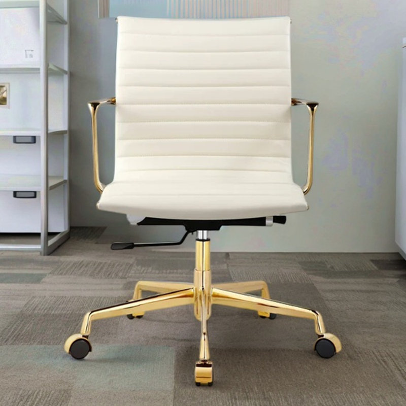 Chaise de bureau en cuir Lonty, Blanc, Doré