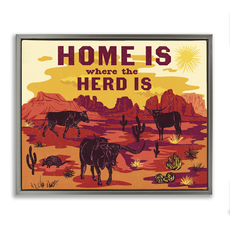 Cadre flottant Western Home Where Herd Is, conception par Diane Labombarbe, Cadre flottant gris lustré, H 17 po x l 21 po