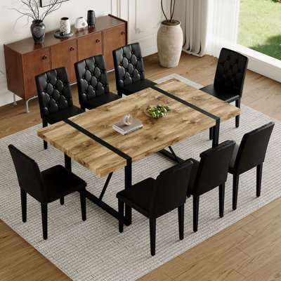 Modern Rectangular Dining Table Set For 8| 71″ Wood & Metal Table With Chairs