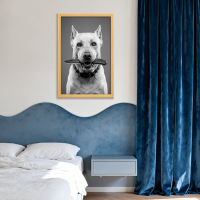 Animaux, chien tenant un couteau dans la bouche - noir et blanc