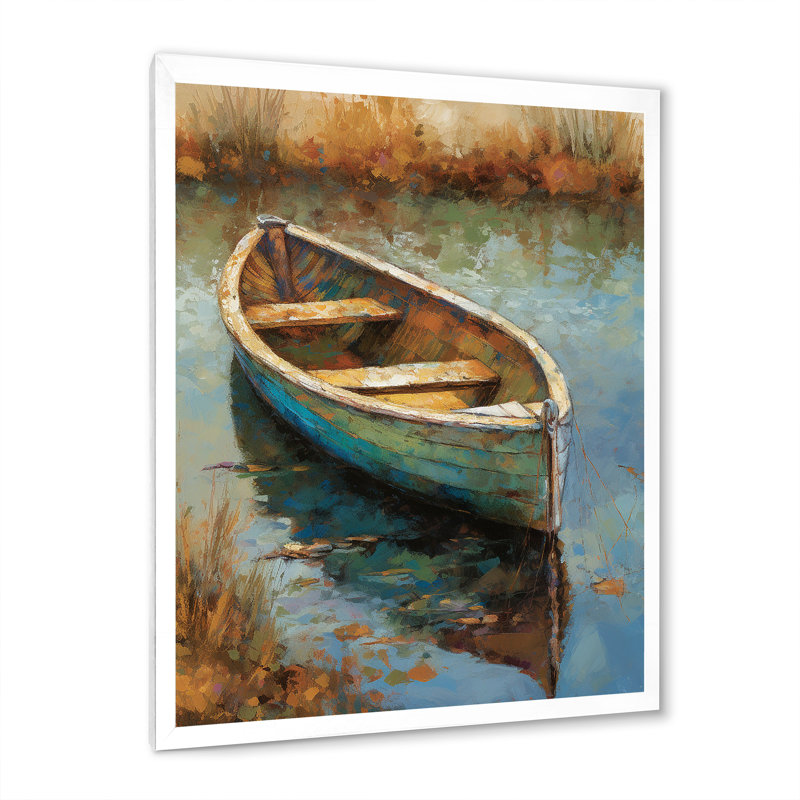 «Lake Serenity Dinghy Boat Resting On The Water I», art mural Lakehouse, H 32 po x l 16 po x P 1 po, Cadre simple blanc