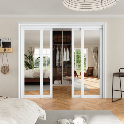 96 po x 80 po Porte de garde-robe coulissante double en verre à miroir complet avec quincaillerie pour cloison, 4 panneaux