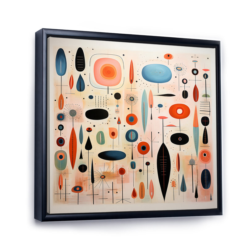 «Mid-Century Whimsical Wonders II» rose - bleu, Cadre flottant noir, H 16 po x l 16 po x P 1 po
