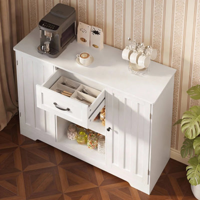 Buffet de style champêtre de 116 cm de large avec tiroir et étagères réglables, meuble de rangement pour cuisine
