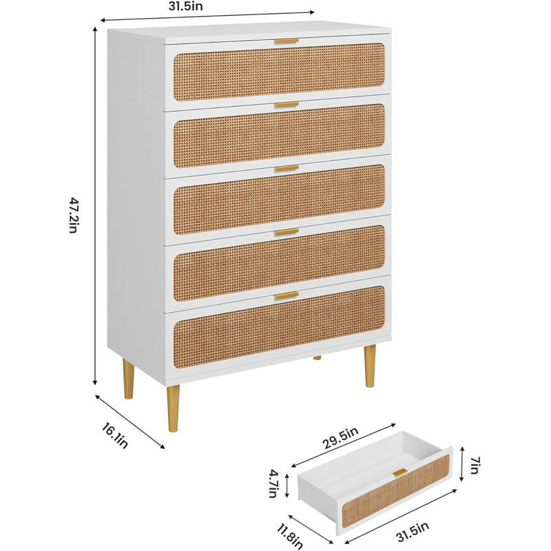 Rattan 5 Drawer Dresser, White